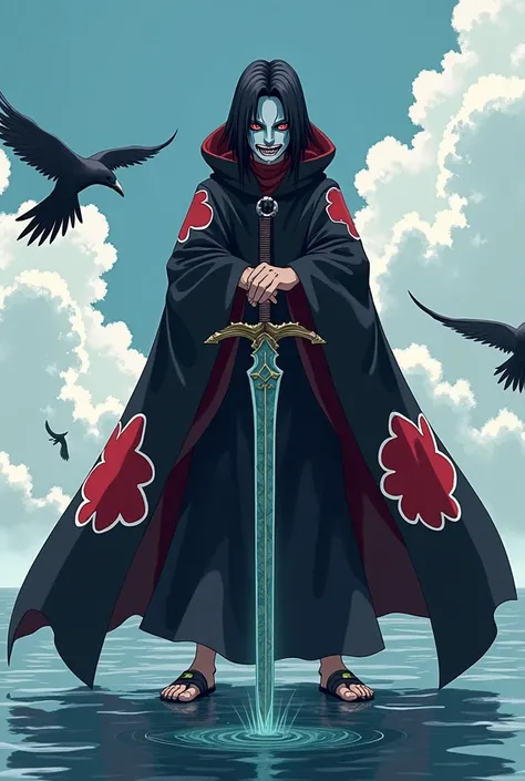 Create a realistic picture of the merger of Itachi Uchiha and Kisame.
Do it with Akatsuki's cloak black with red clouds , He has a body  ,  shark teeth and scaly skin with Itachi's face and hair  ,  he has Sharingan eyes and is therefore the shark-skinned ...