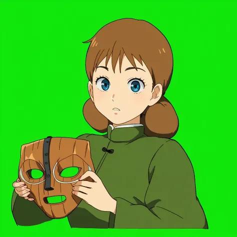 arafed image of a woman holding a mask in her hands, the mask covers her entire face, boromir in an 80\'s anime world, style in ghibli anime, style in ghibli anime style, inspired by Kamisaka Sekka, as an anime character, female protagonist 👀 :8, with kits...