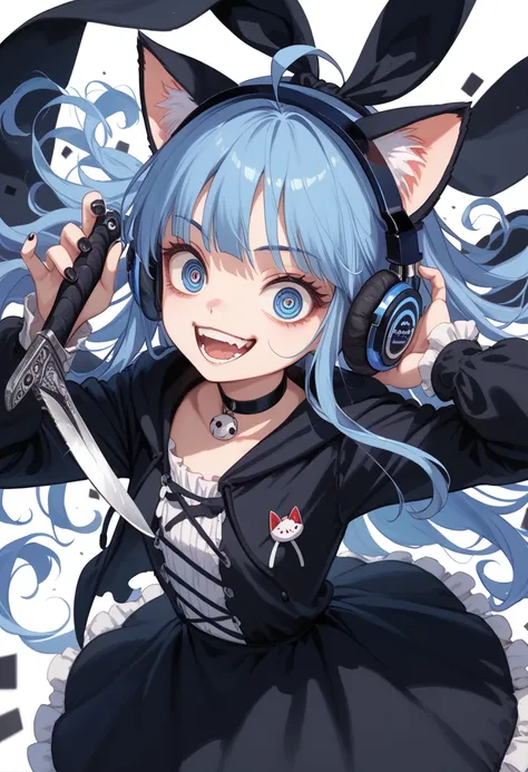 1girl, cat ears,crazy eyes ,bugs under eyes,crazy smile,gothic dress,holding_knife,s tanding, messy long hair, dark background, , ahoge, blue hair, blue eyes, hoodie, headphones, ((8k, Ultra HD)), ((Masterpiece:1.2)), ((Best quality:1.2)),((Detailed:1.5)),...