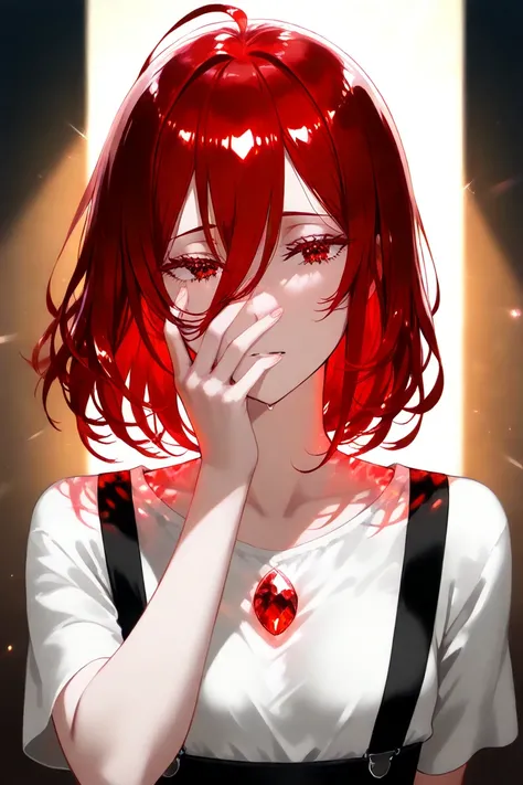 Create an illustration of Shinsha (Cinnabar) from *Houseki no Kuni* (Land of the Lustrous) in a cel-shaded anime style,Shinsha has a translucent gem-like body with a deep red hue reflecting light subtly,Their hair is silver and flows gently, with a few str...