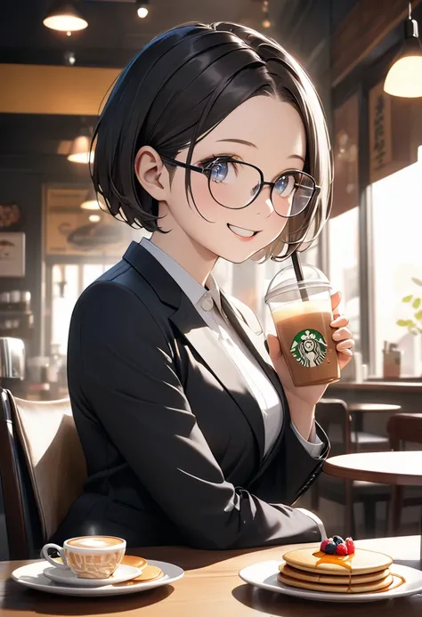 RAWphoto,photorealistic,8k16k,best quality,perfect anatomy,perfect detailed,ultra highres, extremely detailed eyes and face,gleaming skin,shiny skin,1girl,Japanese,black short hair,pixie cut, (wearing glasses:1.3),(parted bangs,forehead:1.2),round face,med...