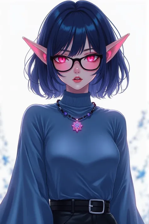 elf woman with dark blue medium short hair, and pink eyes, with a black glasses, and a star sapphire necklace on her neck, with blue turtle neck sweater, and pink shoes, with full body and white backround