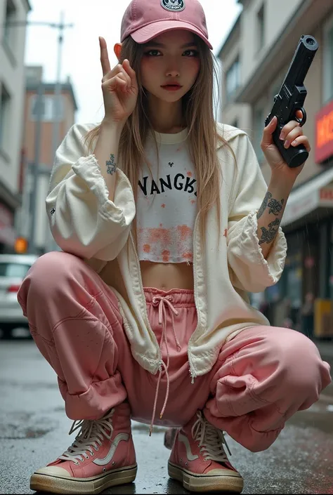 (best quality,realistic,photorealistic:1.37),detailed portrait,Japanese woman living in America,wearing a oversized Tangtop with stains and tears, pink baseball cap,dirtied high-top Vans sneakers,holding a Wesson M442 compact revolver in her hand,rainy wea...