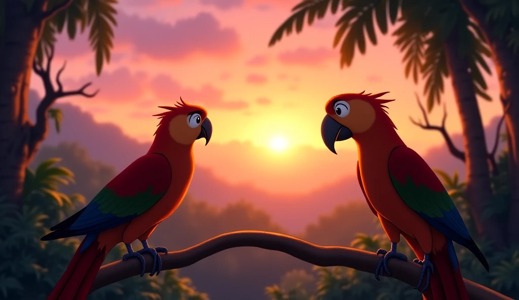 "A serene and magical Disney-style animated scene at dawn. The sky is painted in soft hues of pink, purple, and gold as the sun begins to rise over the lush jungle. The first rays of light stretch across the trees, casting a warm glow. Ravi and Rohan, the ...