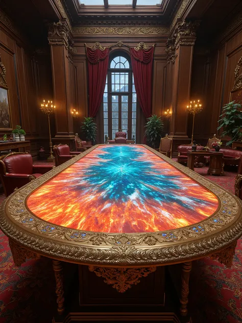 a huge office with a table made of fire opals and blue opals in the center