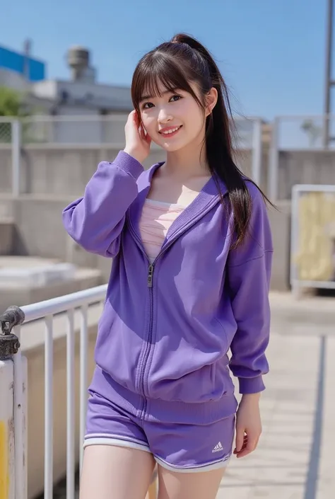 nsfw,  beautiful girl,  long hair,  wave hair,   high-position ponytail  ,  blue eyes, Big Breasts,  erect nipples,  slender body, ( abs),  curvy body, ( clear plastic body)、Cleavage emphasis、 gal makeup、purple tracksuit 、adidas、 purple tracksuit with full...