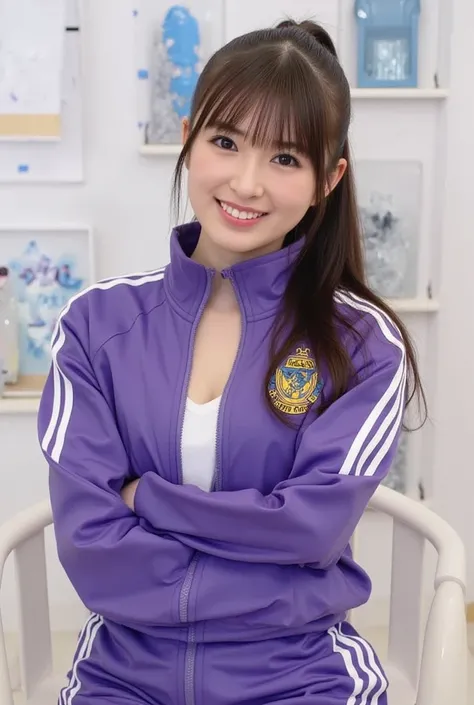 nsfw,  beautiful girl,  long hair,  wave hair,   high-position ponytail  ,  blue eyes, Big Breasts,  erect nipples,  slender body, ( abs),  curvy body, ( clear plastic body)、Cleavage emphasis、 gal makeup、purple tracksuit 、adidas、 purple tracksuit with full...