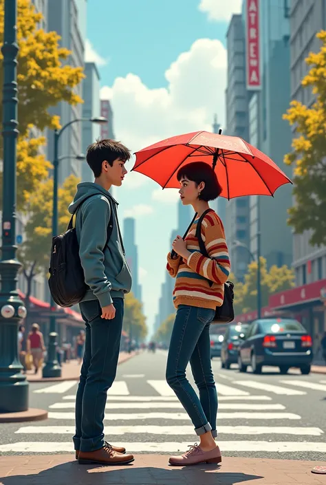 Une jeune fille dans la ville qui tiens un parapluie devant un passage piéton , A young man waits near her. In animated,  masterpiece striped sweater,   Detailed  