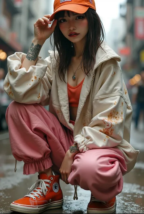 (best quality,realistic,photorealistic:1.37),detailed portrait,Japanese woman living in America,wearing a oversized Tangtop with stains and tears, orange baseball cap,dirtied high-top Vans sneakers,holding a Wesson M442 compact revolver in her hand,rainy w...