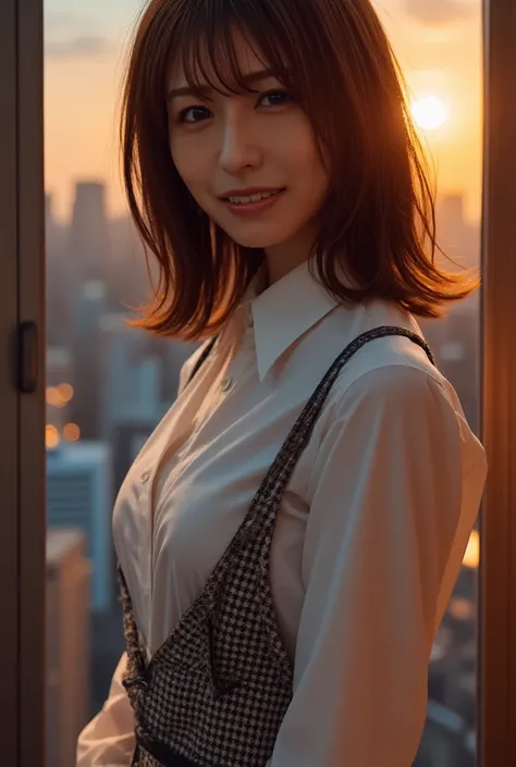 (      high school girl、 school uniform、  long sleeve white cutter shirt、   Gingham Check Miniskirt、   Masterpiece,  Laughter、        Night View of the Big City Seen from the Window       、      Big Chest Cross   、     oily skin、The sunset illuminates her、...