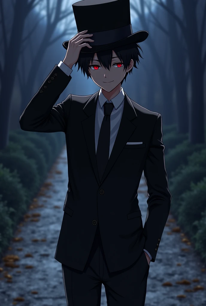  high quality, Realistic hair,  black hair, moreno, Dark night  , road,  realistic anime style, Tall and thin young man in a hat and suit, With the right hand holding the top hat on the head, Left hand in the suit pocket,  Face covered by the shadow of a t...