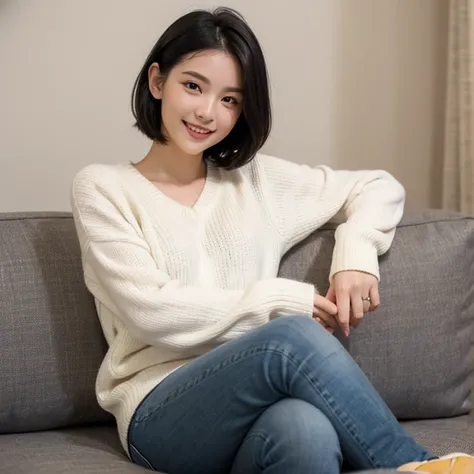  short black hair，woman，Single， jeans ，High-top sneakers， white sweater ， and look at the camera with a smile，Perfect face， Perfect facial features ，Delicate hands， sit on the couch