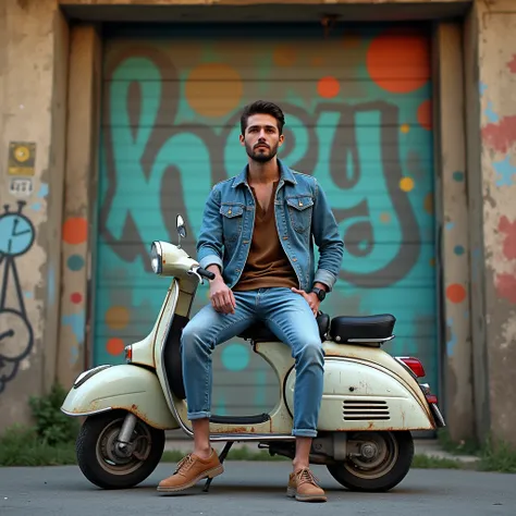 handsome man, denim,sitting on an old vespa motor, Front Wall Mural Inscribed (Hey) 