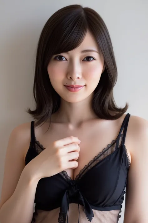  A high resolution photograph of a Japanese adult woman, photo realistic, masterpiece, amazing quality, intricate details , professional lighting, simple background,(from front),upper body, medium shot, looking at viewer , (smile), (standing), (arms behind...