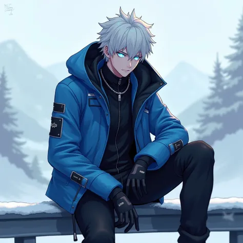 anime cute man 18-year-old, clean design, intricate details, (glowing blue eyes), short parted white hair, blue and black techwear/vest clothes, aggressive look, 8k resolution, full body, snowing background, sitting on rail