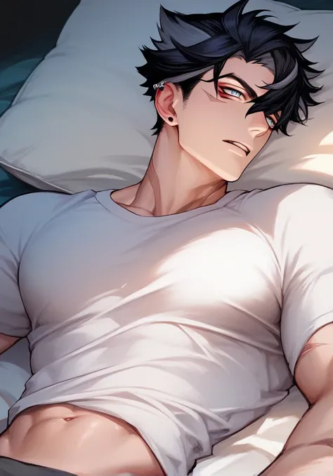 Genshin Impact Wriothesley, wearing a white T-shirt, with chest and abdominal muscles, lying on the bed