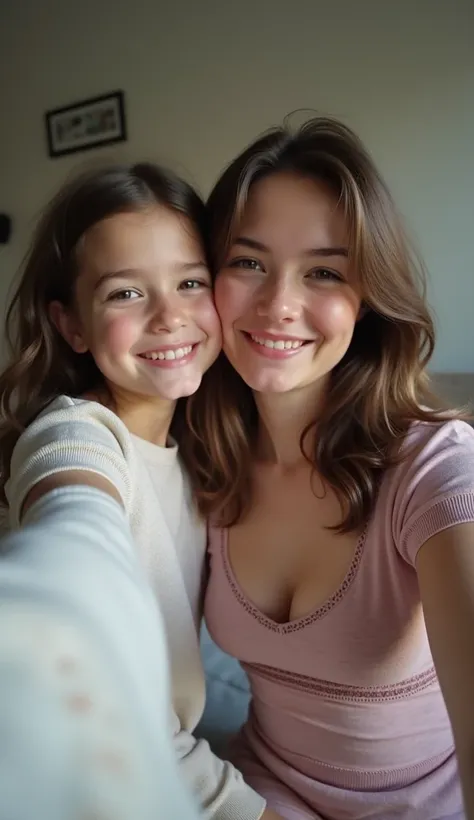 real photo. a female, 22 years old, european, young adult, slim body, small breasts, brunette hair. Sitting on the couch with her  daughter in home clothes. Selfie with the front camera with arm outstretched 