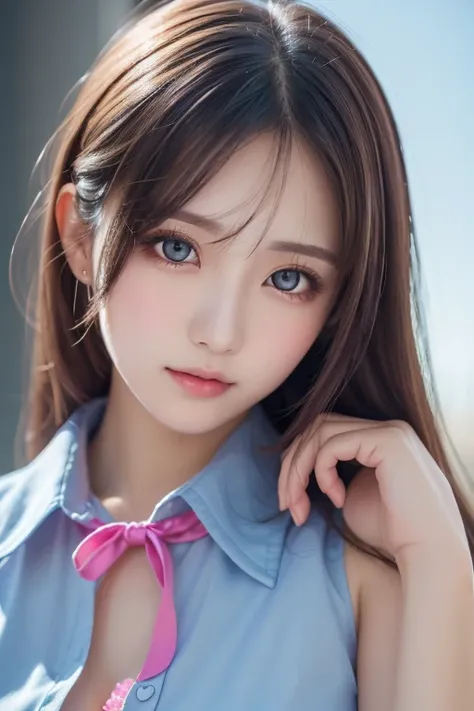 (  Details beautiful eyes and   Details face, masterpiece side light, masterpiece,  top quality ,   Details,  High Resolution Illustration ), ( 1 girl,  beautiful girls,  Shiny Skin,  Look Down,  Watch Viewers ), (  long sky blue hair , pink eye,  skirt , ...