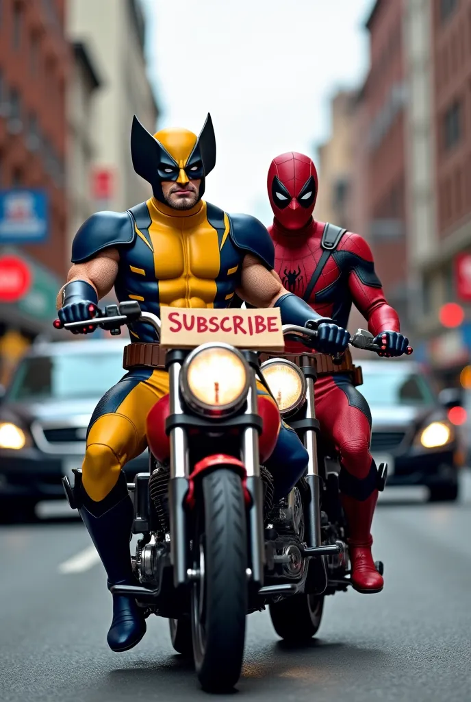 Wolverine is sitting on a yellow harley bike and Deadpool is sitting on a red harley bike,holding a cardboard that says  "SUBSCRIBE", red color inscription,  spiderman is sitting on a black harley bike, city street background, vehicles running , left and r...