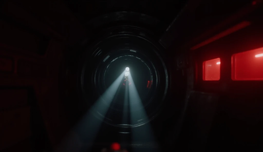 Scene: A dark corridor inside an abandoned spacecraft, red warning lights flickering. Something moves in the shadows.

Camera Angle: First-person perspective, shaky cam as a flashlight flickers, illuminating an alien figure for a split second.