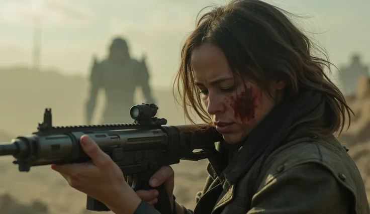 Scene: Raine, bloodied and exhausted, gripping a futuristic rifle in a desperate last stand against an unseen enemy.

Camera Angle: Close-up, Dutch angle, emphasizing the tension and chaos.