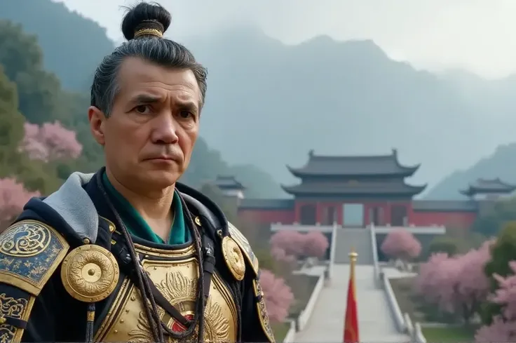 ultra-realistic. 4k resolution, Ancient Chinese warrior in traditional armor, full body with visible face, highly detailed facial expression (intense gaze, weathered skin, stern features), standing on a stone terrace. Behind him, a majestic Chinese palace ...