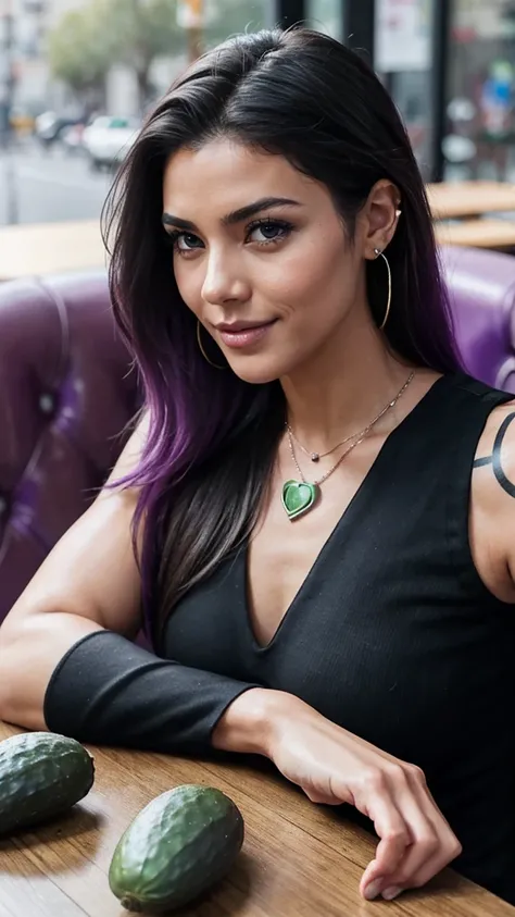 (masterpiece), best quality, hd, expressive eyes, perfect face, brown eyes, Mexican, black hair, smiles, amethyst chest necklace, linen, hair intakes, sleeveless dress, bare shoulders, earrings, restaurant, black footwear, arm tattoos, black leggings, blac...