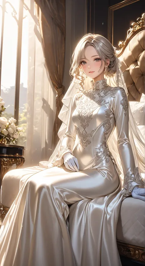  full body photo、 portrait 、god々Shining light、(Masterpiece, top quality,  ultra high resolution ),Extremely detailed CG, Japanese Women,(( beautiful face)),(( long sleeve long dress made of shiny white silk satin))、((The dress has a simple design without e...