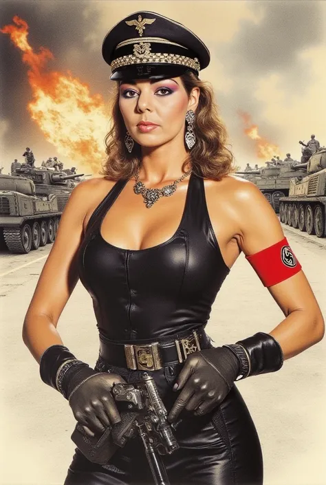  A pencil drawing, True to the original,colored . 
A rich older Nazi diva      ,   huge earrings with huge swastikas  ,    armband with swastika,  Vicious hateful look ,  wide belt with diamond swastika and the inscription NSDAP , Black latex bustier,  Thi...