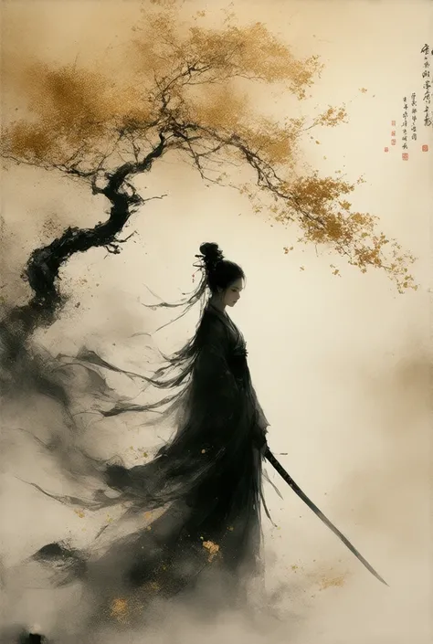 (Gold leaf art: 1.5),  black gold-rimmed cherry tree falling from the sky, female ninja silhouette,  background is an old Japanese mural ,  minimalist,  line art , God from front center 々Smoke,  transition from solid to godlike , Smart, Powerful, Quiet,  r...