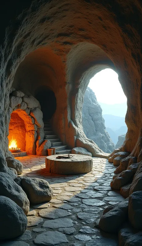 Front eye level, large cave, stone desk, stone circular bed, fireplace, cozy, high quality, two rooms,