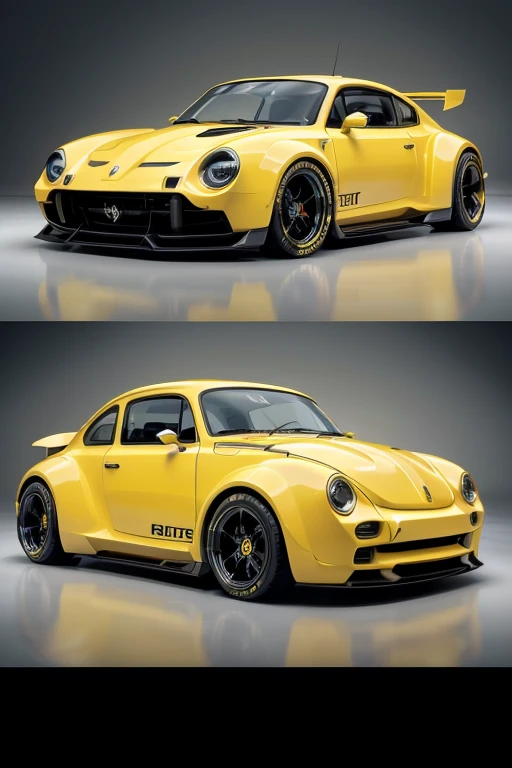 Concept design of a super sports car combining elements from the VW Beetle (Fusca) and Ferrari Dino. The car features the iconic rounded roofline and compact proportions of the VW Beetle, seamlessly blended with the sleek, aerodynamic curves and sporty ele...