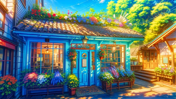 At dusk, this whimsical seaside café is covered in bright flowers cascading down from its red-tiled roof and balcony. The store's exterior walls are painted teal and decorated with vines and colorful flowers, creating a fantastic, dreamlike atmosphere. The...