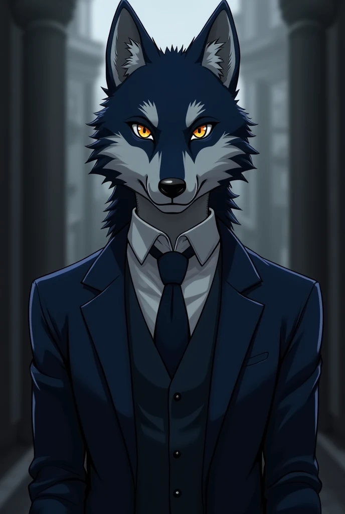 anime art,  adult furry man wolf , silver eyes,  silver eyes , dark blue wool ,  the lower part of the coat is gray .  The inner side of the ears is gray ,  standing in a strict suit ,  background gloomy college vintage. 