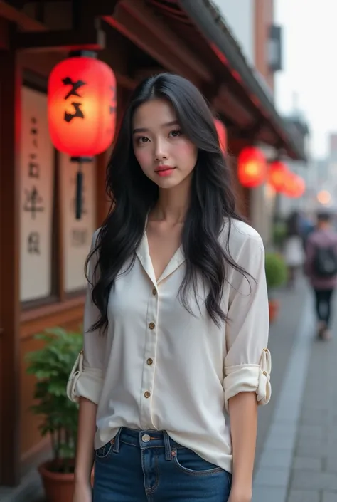 Asian realistic girl with black hair, black eyes, wearing a white shirt and jeans. She is standing near a ramen restaurant in japan