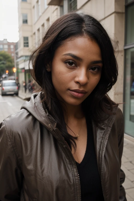 African black woman, very dark ebony skin, dreadlocks chignon, Fitness musclular body, leather raincoat, sweater, close-up portrait, from face, street Block 