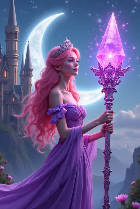 pink haired princess with a purple crystal staff next to a castle in the light of a crescent moon