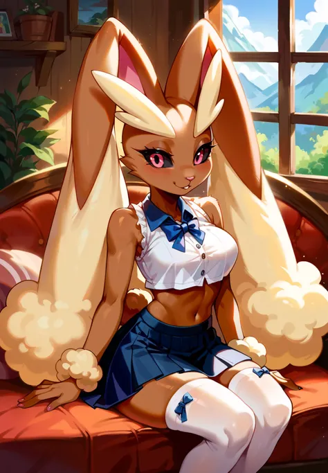 source_furry, BREAK, furry, anthro, 1girl, Lopunny, Pokemon, blonde hair, crop top, piercings, thigh highs, skirt, sitting on a couch, sexy pose, lustful, BREAK, night time, mountain cottage, cinematic lighting,