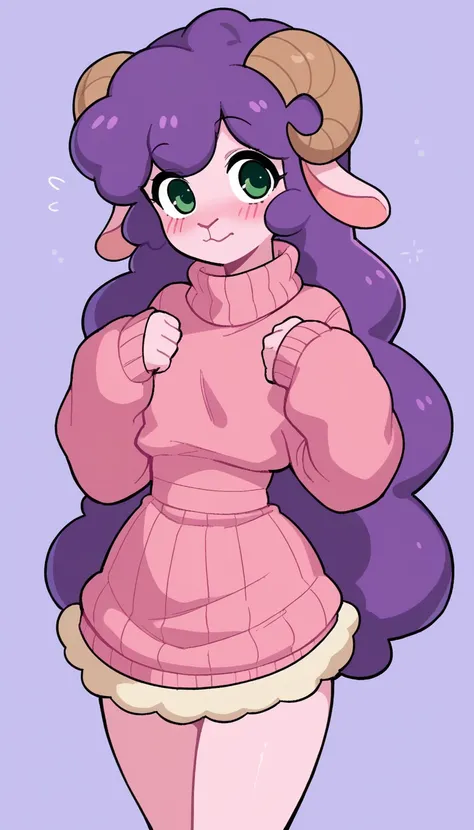  antro ram-boy , wool, wool, fluffy wool,  green eyes,  purple hair, anthro, fluffy skin,  long hair,  closed mouth , real sheep horns, blushing,  thin waist,   wide hips, Simple drawing, Artifyber style,  pastel flat colors, Cute,  cartoon,  pink sweater,...