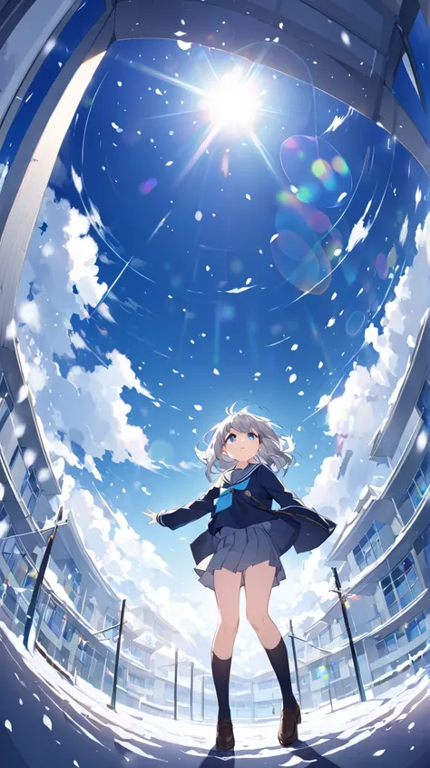 winter、 It's snowing、 1 girl,  blue eyes、Grey Hair、 medium hair, How hair flutters in the wind、 school uniform 、Looking up、 widescreen,  wide angle shot,  background blur,  lens flare, 