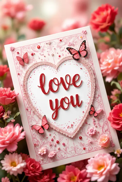  very pretty colors ,  Lovely cute background with a red heart, beautiful butterflies and beautiful flowers , text "Love you"  on a beautiful Valentine card with patterns and glitter ,  masterpiece,  maximum quality ,  complicated details, 8 k,  High defin...