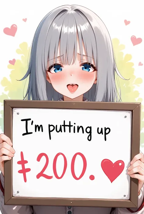  cute,An animated illustration of a smiling woman is holding up a sign with , Silver Hair， blue eyes， I'm putting up a sign with text」Thanks 200.「 stylish font  , colorful background , detailed character design, vibrant colors，smile，