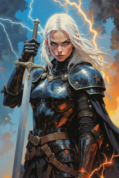 oil painting, girl 20 years old, long ash hair, bright blue eyes, aristocrat, angry, hand raised up with a sword, growls, sexy black leather battle modern armor with chain, defending herself, watercolor background of magical flashes, dynamic pose, epic sce...