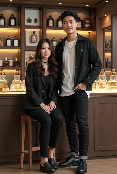 25 year old Indonesian handsome handsome man wearing white t-shirt with black jacket lining black long black jeans black leather shoes standing next to beautiful 25-year-old Indonesian woman wearing fashionable casual clothes in black is sitting inside per...