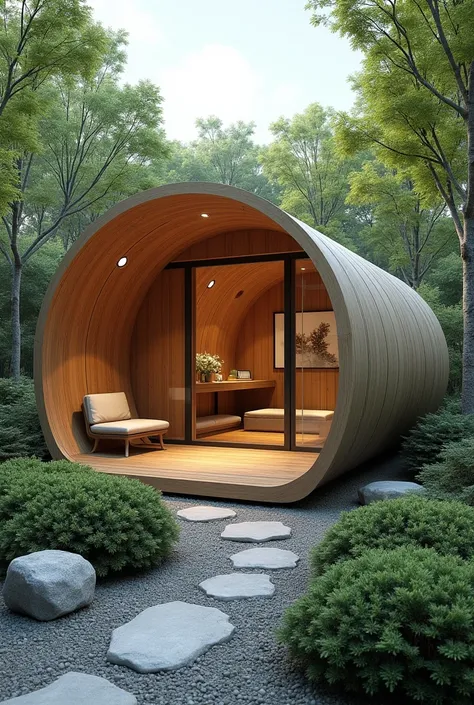 You become an assistant architect, please give me create image for personal digital artist working space in the zen garden. This pod has 3 rooms with small meeting room, working room and small pantry, the room plan in the shape of pentagon. 