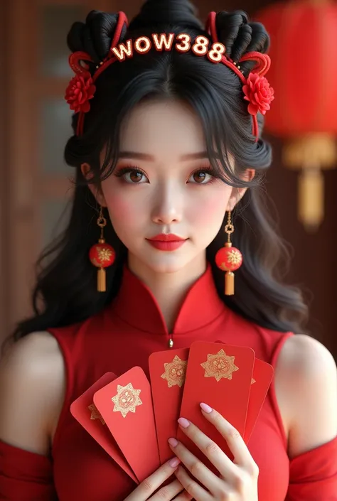 a beautiful sexy woman, beautiful eyes, pink lips, full body standing, holding red packets. wearing a headband that says wow388
