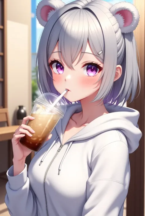 Anime-style girl, silver hair, purple eyes, wearing a white hoodie with bear ears, slightly unzipped, drinking bubble tea, soft lighting, sunny background, high detail, ultra-realistic shading, smooth skin, glossy eyes, high-resolution, anime aesthetic
