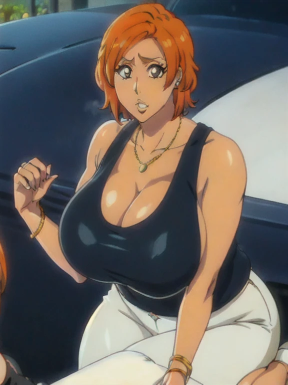 Orihime Inoue,Bleach artstyle,brown eyes,Big breast,((Enchanted big breast)),((((oversized black tank top)))),Dangerous Cleavage,Curvy figure,Hoopa bracelet,Long nail,Side burn visible,look at viewer,(((burnt orange color hair))),((head facing front)),High...