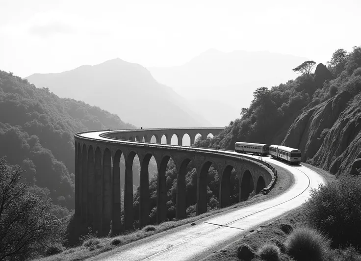 Sri lanka. Skala Sigiriya. 9 arched bridges. old train. Minimalism.  vector graphics. In the style of 1000 rupees. The road curves around the cliff. To the right is a flat empty rock. Black white vector style