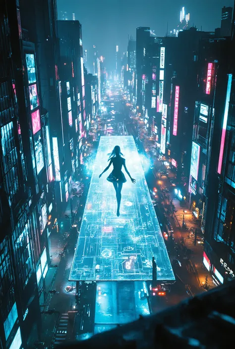 blade runner, cyberpunk, big city, Angle of looking at the ground from the sky, A holographic dancing girl on a large led transparent screen, 